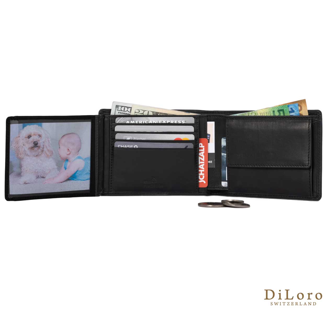 DiLoro Men's Leather Bifold Wallet with Flip ID, Coin Wallet and RFID Blocking Technology - Inside, Full Open View