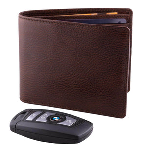 DiLoro Men's Bifold Leather Wallet Lugano Gemini Brown - Front View with BMW Key (not included)
