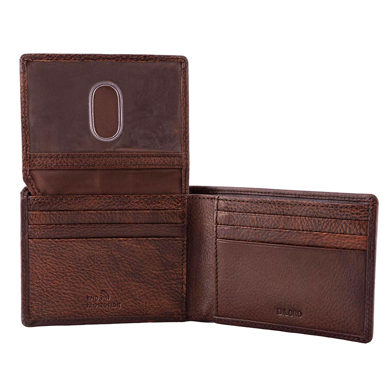 DiLoro Men's Slim Leather Wallet 2 ID Windows Gemini Brown - Open with ID Window Up, Empty Wallet