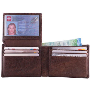 DiLoro Men's Slim Leather Wallet 2 ID Windows Gemini Brown - Open with ID Window Up (cash not included!)