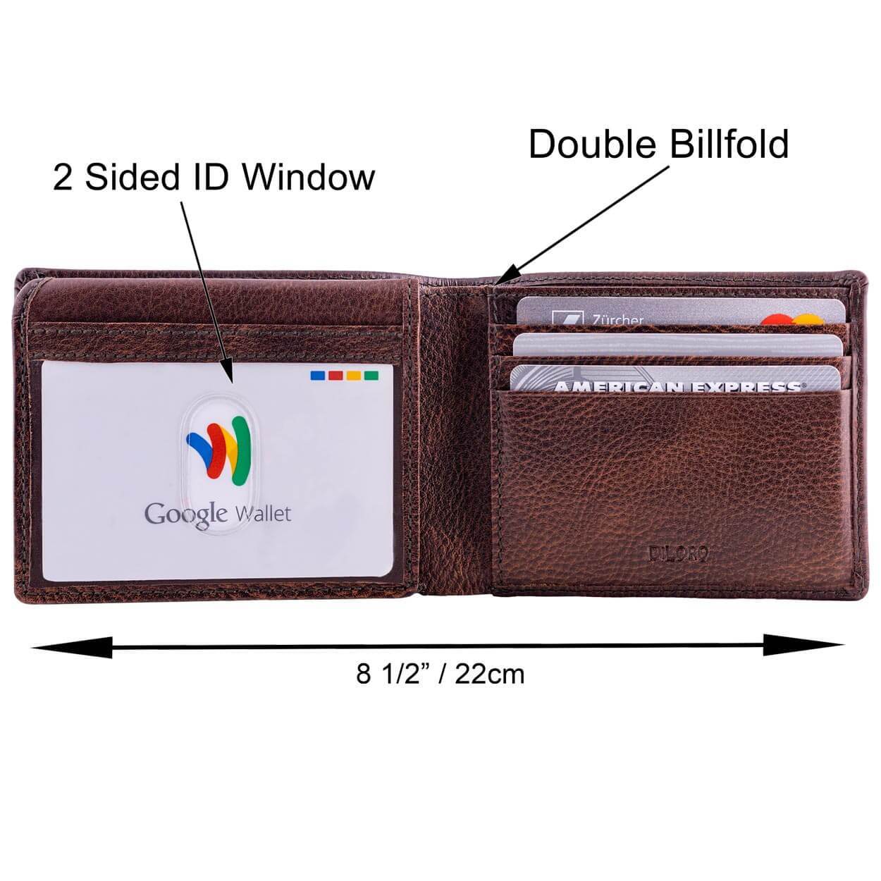 DiLoro Men's Slim Leather Wallet 2 ID Windows Gemini Brown - Dimensions Half Open, ID Window Down, Features
