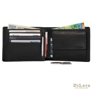 DiLoro Men's Leather Bifold Wallet with Flip ID, Coin Wallet and RFID Blocking Technology - Inside, Half Open View