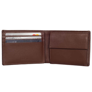 Compact Mens Leather Wallet with Coin Compartment in Hickory Brown - Inside View, Half Open