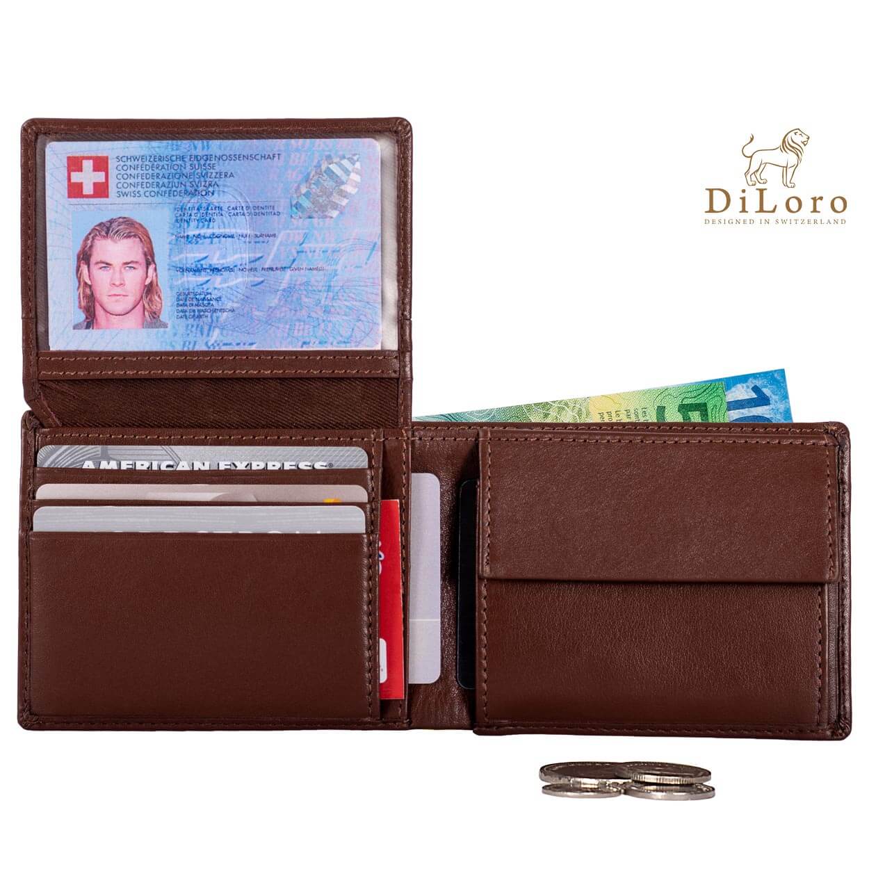 Compact Mens Leather Wallet with Coin Compartment in Hickory Brown - Inside View, Flip-ID Open (with currency - not included)