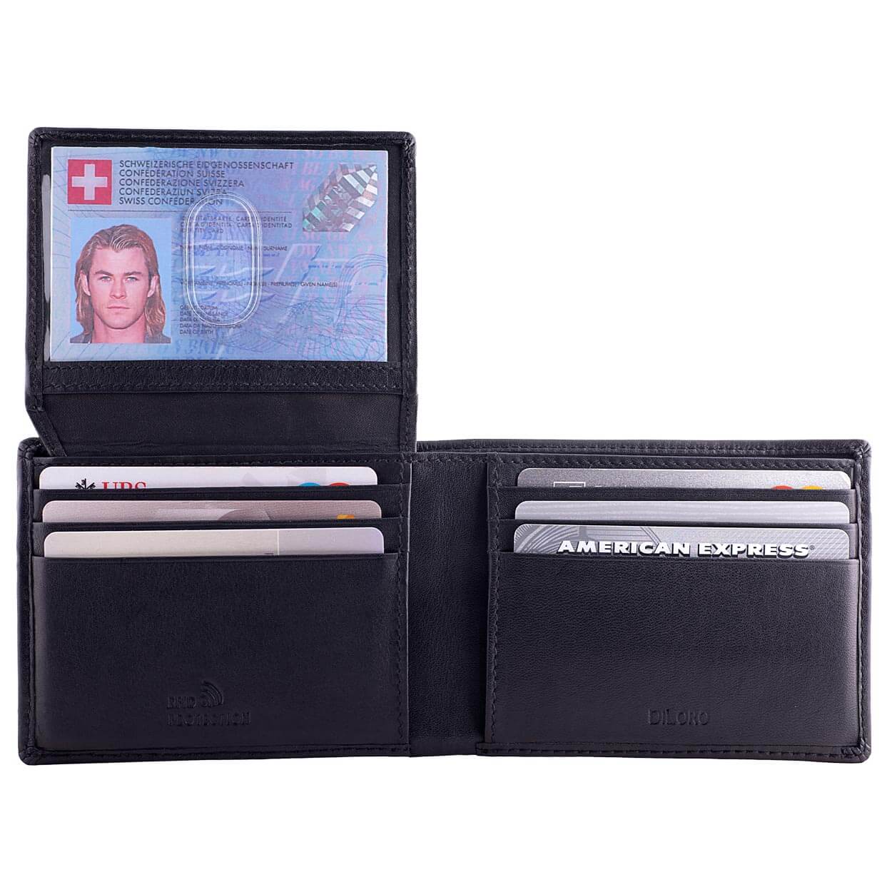 DiLoro Men's Leather Wallet Bifold 2 ID Windows RFID Protection -  Napa Black Open ID