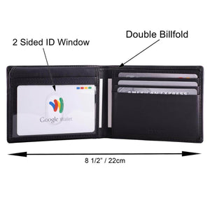 A double-sided ID window bifold wallet made from genuine Napa leather with RFID blocking technology -  Pictograph/Dimensions