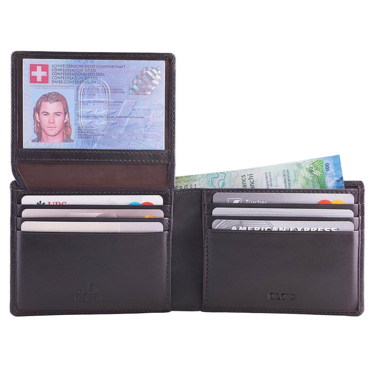 DiLoro Men's Leather Wallet Bifold 2 ID Windows RFID Protection -  Napa Brown Open Inside View ID Up and Cash in Double Billfold (not included)