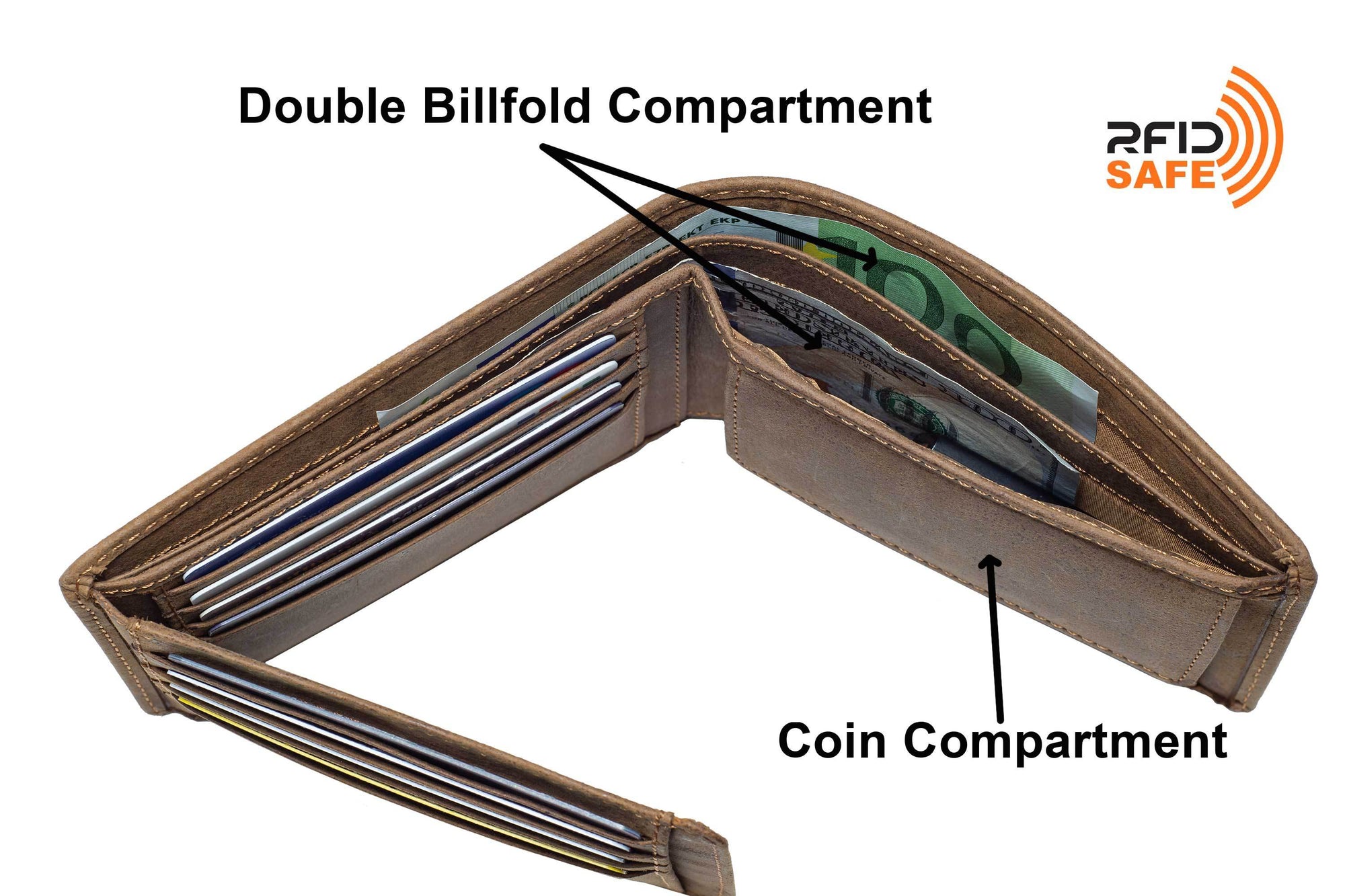 DiLoro Men's Leather Bifold Wallet with Flip ID, Coin Wallet and RFID Blocking Technology - fully open, top view showing double billfold and hidden slip pockets of the wallet