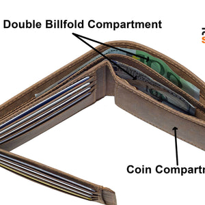 DiLoro Men's Leather Bifold Wallet with Flip ID, Coin Wallet and RFID Blocking Technology - fully open, top view showing double billfold and hidden slip pockets of the wallet