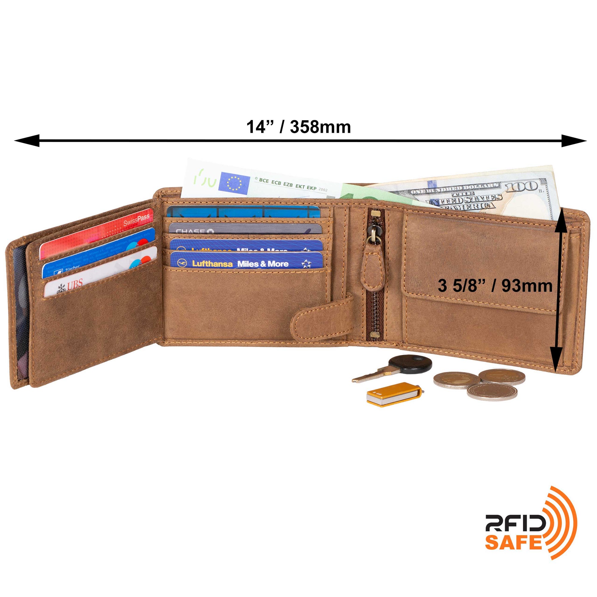 DiLoro Men's Leather Bifold Flip ID Zip Coin Wallet with RFID Protection - Dimensions