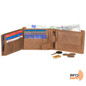 DiLoro Men's Leather Bifold Flip ID Zip Coin Wallet with RFID Protection in Natural (Light Hunter Brown) - Fully Open View
