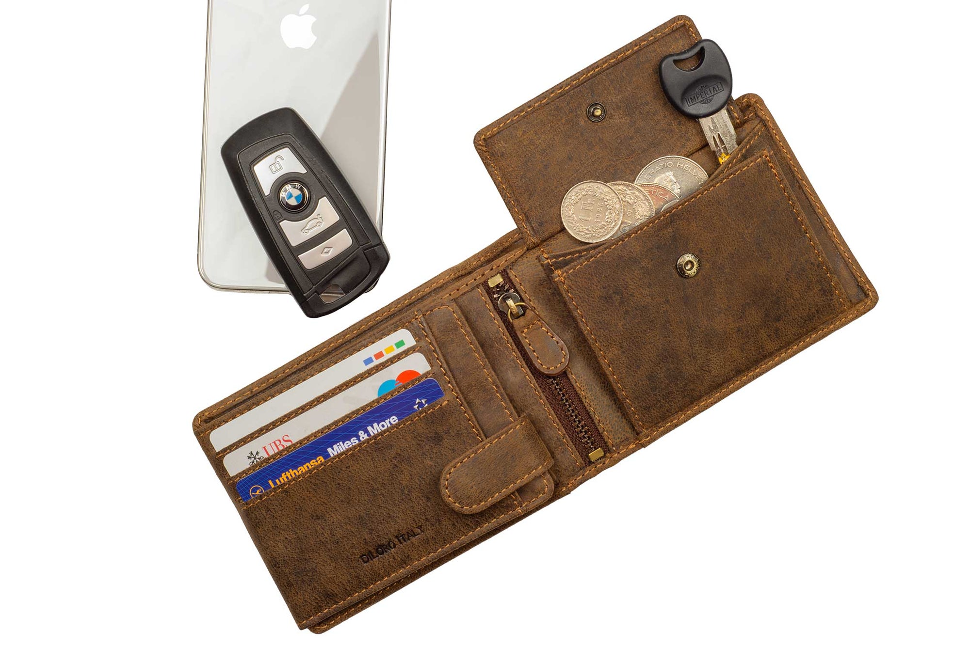 DiLoro Men's Leather Bifold Flip ID Zip Coin Wallet with RFID Protection - Shown in Dark Hunter Brown