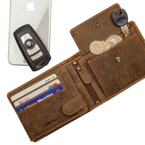 DiLoro Men's Leather Bifold Flip ID Zip Coin Wallet with RFID Protection - Shown in Dark Hunter Brown