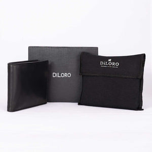 DiLoro Men's Leather Bifold Wallet ships in an elegant gift box and includes a dust bag to protect your new wallet.