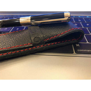 DiLoro Single Leather Pen Holder in Black with Red accent Stichting Full Grain Leather - Pen Sleeve with Waterman Pen (pen not included)
