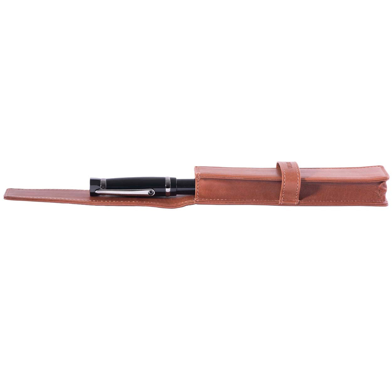 DiLoro Single Leather Pen Pencil Holder One Pen Bugatti Tan - Side View with Pen (not included)