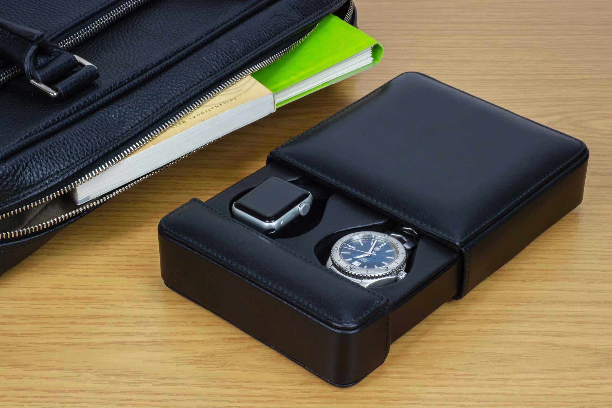 DiLoro Italian Leather Double Travel Men's Watch Box Case Holder in Black - Lifestyle Image