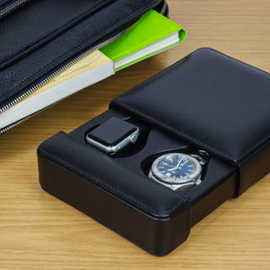 DiLoro Italian Leather Double Travel Men's Watch Box Case Holder in Black - Lifestyle Image