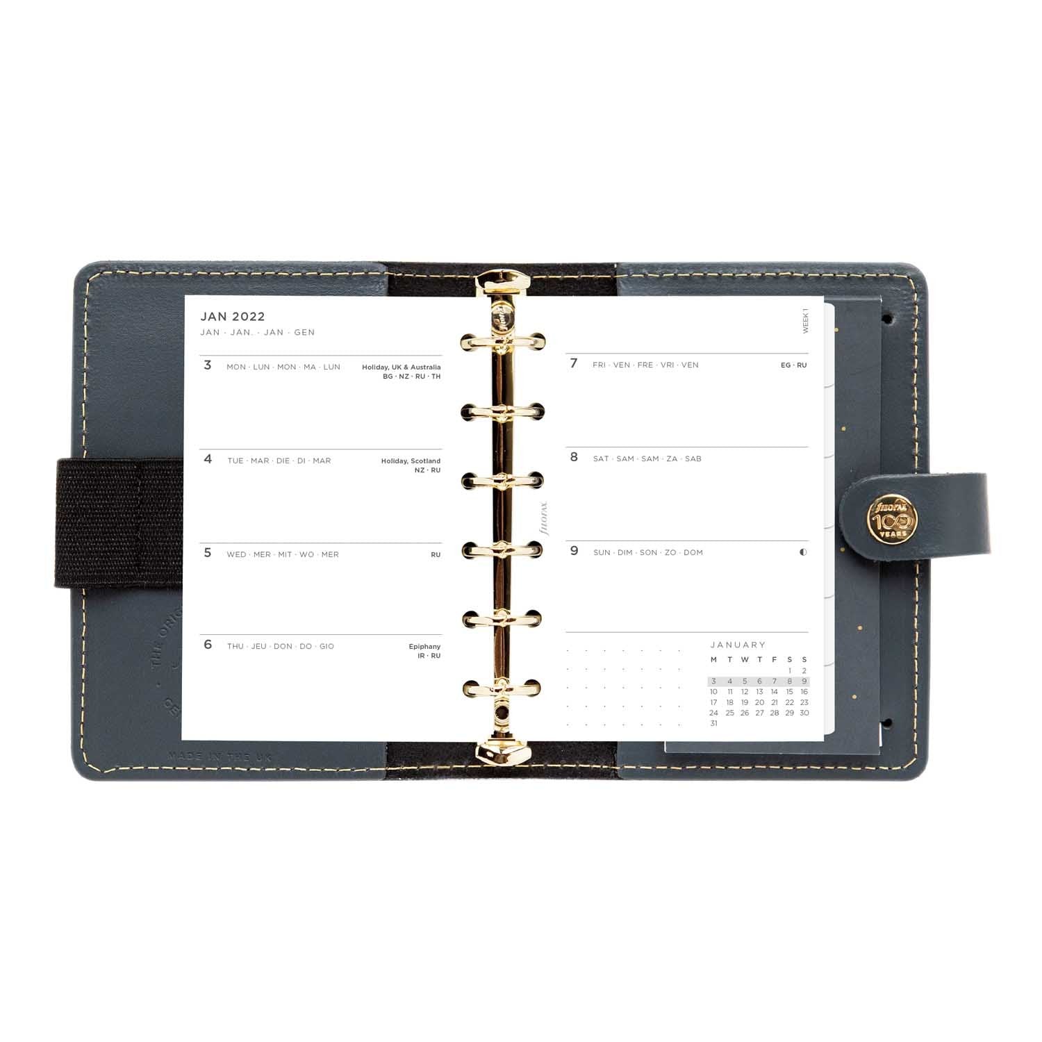 Filofax Centennial Limited Edition The Original Pocket Leather Organizer Charcoal Fully Open